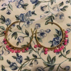Gold Toned Hoop Earrings With Pink Beads